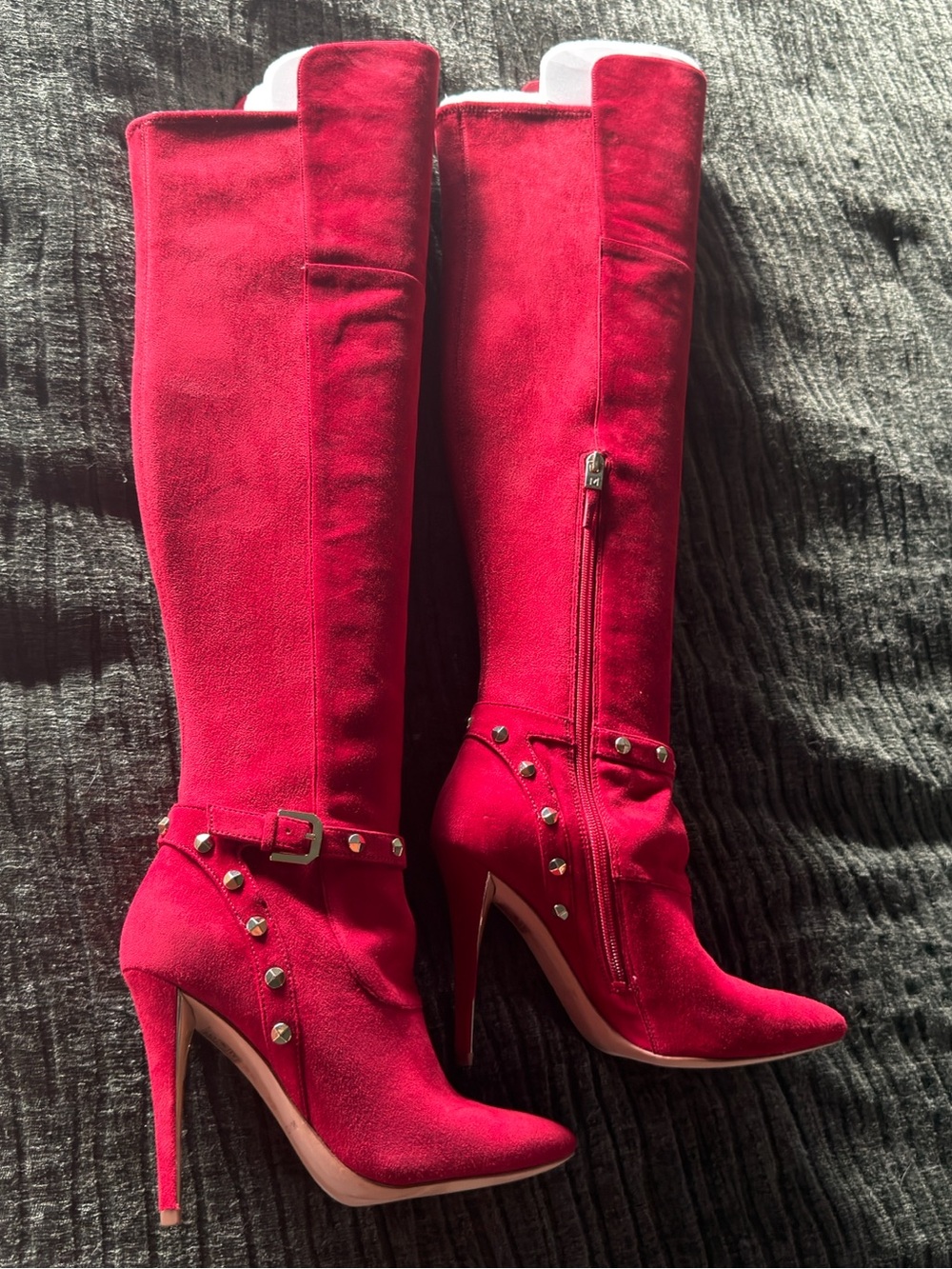 Marciano Red Suede Over-the-Knee Stiletto Boots with Stud Accents
